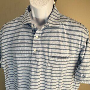 Fish Hippie Men's blue on blue striped short sleeve polo shirt Large L EUC